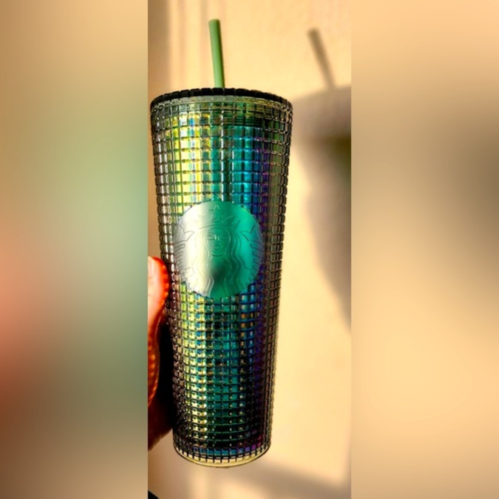 Starbucks‎ venti tumbler green rainforest grid iridescent